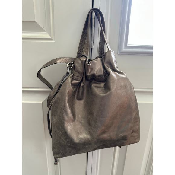 MICHAEL KORS Metallic LEATHER bag Drawstring HOBO bucket taupe chain shoulder - Picture 5 of 16